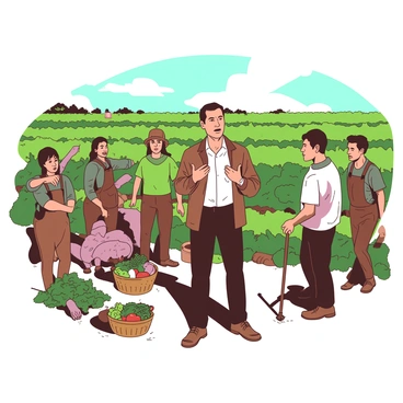 A group of diverse farm workers is gathered in a green field, with rows of crops extending into the background. They are engaged in various tasks, some are picking vegetables while others are holding tools. In the center of the group stands "Cesar Chavez," wearing a white shirt and a brown jacket, gesturing with his hands as he speaks passionately to the workers. Their expressions show determination and focus as they listen to his encouragement. The sun is shining brightly, casting light on the scene.