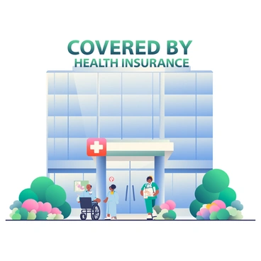 A hospital building prominently labeled 'Covered by Health Insurance'