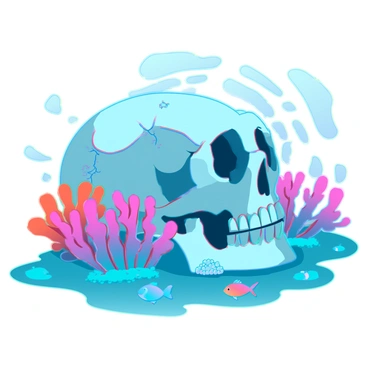 A weathered skull resting on the ocean floor, partially covered in sand. The skull has intricate details, showing cracks and barnacles clinging to it. Surrounding the skull are vibrant corals in shades of pink, orange, and blue, providing a striking contrast against the muted colors of the skull. Various small fish in bright colors swim around the corals, adding life to the scene. Sunlight filters down from the surface, illuminating the underwater environment with a gentle glow.