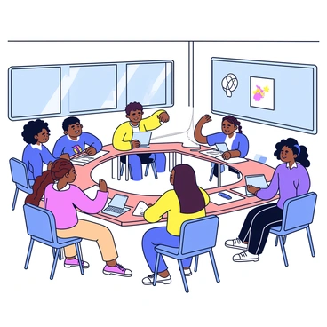 A classroom with students from diverse backgrounds working on a group project.