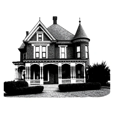 A Victorian-style house stands prominently in the center of the image. The house features intricate architectural details, including ornate woodwork, large bay windows, and a steeply pitched roof. The front porch is adorned with decorative spindles and a gabled entrance. Surrounding the house are well-manicured hedges and a gravel path leading to the front door. The sky above is clear, giving a sense of openness around the structure. The house's texture is accentuated, capturing the fine details of the brick and the craftsmanship that characterizes Victorian architecture.