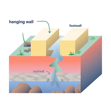 An illustration depicts a geological cross-section showing fault blocks formed by a normal fault. The upper block is labeled "hanging wall," and the lower block is labeled "footwall." The hanging wall is elevated above the footwall, demonstrating the downward movement characteristic of a normal fault. The fault line is clearly marked with a jagged line separating the two blocks, indicating the direction of the fault movement. Surrounding the fault blocks, the earth's layers are shown with distinct horizontal lines representing sedimentary layers, and there are rock formations in various shades of brown and gray. Additionally, small plants and rocks are scattered around the base of the footwall, adding detail to the geological environment.