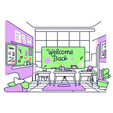 A classroom is filled with various educational materials and is warmly inviting. The walls are adorned with “September” themed crafts, showcasing cut-out shapes and vibrant decorations. Desks are arranged in a semicircle, each topped with notebooks and colorful pencils. The corner of the room features a bulletin board decorated with “Welcome Back” messages written in bright colors, surrounded by real autumn leaves pinned up. Sunlight streams through large windows, casting soft shadows on the wooden floor, while a cozy reading nook with a rug and cushions invites students to sit and read.