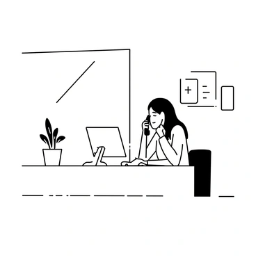 A calm and focused receptionist handling inquiries in a tranquil, minimalist reception space.