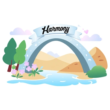 A large, elegant bridge arches gracefully between two distinct landscapes, symbolizing connection and unity. The bridge is adorned with decorative elements that resemble formal attire, such as ties and cufflinks. On one side, vibrant green hills filled with tall trees and blooming flowers juxtapose against a vast, arid desert on the other side, characterized by golden sand dunes and sparse vegetation. Above the bridge, a banner reads "Harmony" in bold letters, while a gentle stream flows underneath, reflecting the hues of both landscapes.