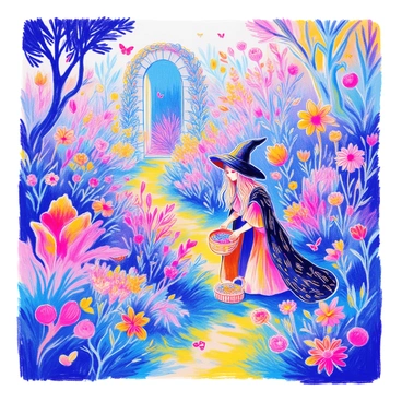 A lush garden is filled with strange, magical plants of various shapes and colors. Some plants have bright, luminescent flowers, while others have twisting vines that seem to shimmer in the light. In the center of the garden, a witch with long, flowing hair is wearing a dark cloak with intricate patterns. She is carefully harvesting the magical plants, using a small basket to collect them. The ground is covered in soft green grass, and there are colorful butterflies fluttering around the plants. In the background, a small stone path winds through the garden, leading to an archway covered in creeping vines.