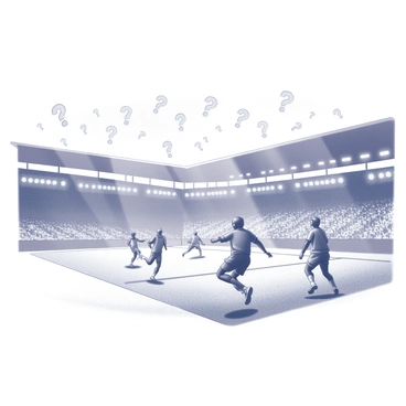 A dynamic sports event taking place in a large stadium. Players are in action, engaged in a competitive game. The athletes wear team uniforms, showcasing their unique styles and colors as they move energetically across the field. Surrounding the players, a crowd is depicted with numerous "?" symbols floating above, representing their enthusiasm and curiosity about the game's outcome. The atmosphere is filled with movement and excitement, capturing the intensity of the moment.