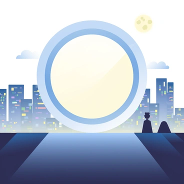A large, circular portal is glowing brightly on a rooftop, illuminated by the soft light of the full moon above. The portal's edges are shimmering with shades of blue and silver, creating a magical effect. Below, the city skyline is visible, filled with tall buildings adorned with twinkling lights in various colors. The rooftops are dark, providing a stark contrast to the vibrant city lights. The moon casts a gentle glow over the scene, enhancing the ethereal atmosphere of the portal.