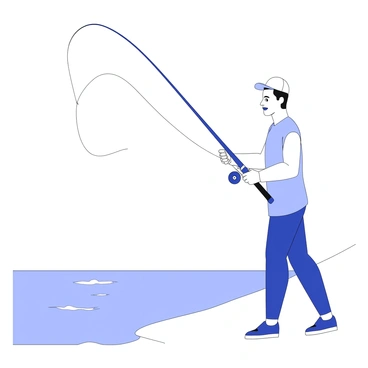 A fisherman is standing at the edge of a calm lake, casting a fishing line with a fishing rod held firmly in his hands. The rod is bent slightly as he exerts pressure during the cast. The reel is positioned near his hands, showcasing the intricate details of its design, including the handle and the spool. The fishing line is taut, demonstrating the friction occurring between the reel and the line as it unspools. The fisherman has a focused expression, indicating his concentration on the task at hand. In the background, there are gentle ripples on the water's surface, creating a tranquil atmosphere.
