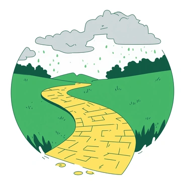 A yellow brick road winds through a lush green landscape, glistening with raindrops that reflect the muted light of the cloudy sky above. The bricks are vibrant and polished, standing out against the damp earth on either side. Fluffy gray clouds fill the sky, creating a dramatic backdrop as the light rain lightly falls, adding a sense of freshness to the scene. Small puddles gather along the edges of the road, capturing the essence of the moment.