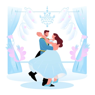 A prince in a regal outfit is holding a princess dressed in a flowing gown while they dance together. The ballroom is adorned with elegant decorations, including intricate floral arrangements and shimmering drapes. Above them, twinkling fairy lights create a magical atmosphere. The floor is polished and reflects the soft glow of the lights, while ornate chandeliers hang from the ceiling. The scene conveys a sense of grace and harmony in their dance.