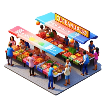 A bustling street market with vibrant and colorful stalls. Each stall is overflowing with a variety of goods, including fruits, vegetables, textiles, and handmade crafts. Diverse shoppers of all ages and backgrounds are interacting, some examining products while others engage in conversations. Bright banners and signage hang above the stalls, adding to the lively atmosphere. The ground is paved with cobblestones, and the sun casts a warm light over the scene, enhancing the vivid colors of the market.