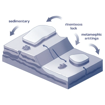 A detailed diagram illustrating the rock cycle. It includes three distinct sections, each representing type of rock: "sedimentary", "igneous", and "metamorphic". The sedimentary section displays layers of rock with visible grains and fossils. The igneous section shows a depiction of molten rock cooling, forming solid crystals. The metamorphic section features rocks with banding and foliation. Arrows indicate the processes connecting these rock types, such as erosion, melting, and pressure. Each section is clearly labeled with the names of the rock types in bold text.