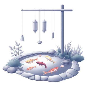 Windchimes hanging from a wooden structure, swaying slightly as they catch a gentle breeze. Below them, a calm koi pond filled with colorful koi fish swimming gracefully beneath the surface. The pond is surrounded by smooth stones and lush greenery, with reflections of the windchimes and nearby foliage visible on the water's surface. A few water lilies float atop the pond, adding to the serene atmosphere.