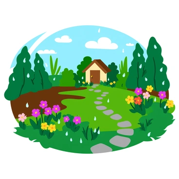 A gentle rain shower falling over a lush green garden filled with various vibrant flowers. The rain creates small droplets clinging to the petals and leaves, enhancing their colors. In the background, there are tall, leafy plants and bushes that sway slightly with the breeze. The ground is moist, with puddles forming among the rich, dark soil. A small stone path winds through the garden, leading to a cozy wooden shed nestled among the foliage.