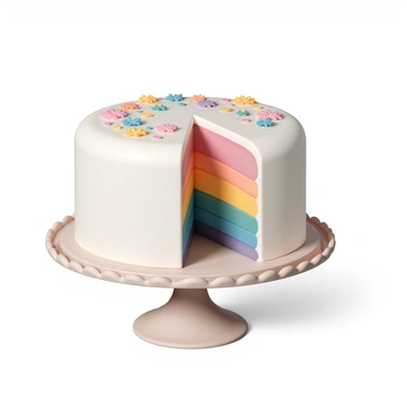 A round gateau with a smooth white frosting on the outside, sitting on a decorative cake stand. The cake is sliced, revealing vibrant rainbow-colored layers inside, each layer showcasing a different flavor. The top of the cake is adorned with colorful sprinkles and small edible flowers, adding extra detail to the presentation. The background features a simple wooden table, enhancing the focus on the beautifully crafted gateau.