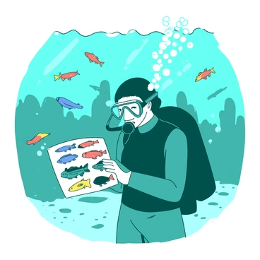 A teal diver is submerged in water, wearing a black wetsuit and a clear mask, intently studying a colorful fish identification chart. The chart is held in the diver's right hand and features illustrations of various fish species. Around the diver, there are schools of vibrant fish swimming in different directions. Sunlight filters down from the surface, creating dappled light patterns on the sandy ocean floor. Bubbles are rising from the diver's mouthpiece, adding to the dynamic underwater scene.