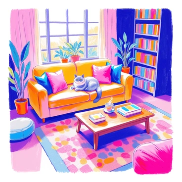 A cozy living room features a large, comfortable sofa adorned with colorful cushions. A fuzzy illusion of a cat, with shades of gray and white fur, is lounging on a thick, patterned rug that incorporates similar colors, allowing it to blend seamlessly into the surroundings. Soft, warm lighting fills the room, highlighting a wooden coffee table topped with a steaming mug and an open book. Potted plants sit in the corners, adding a touch of greenery. A bookshelf filled with various books lines one wall, creating a welcoming atmosphere.