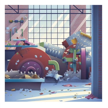 An old factory stands prominently with weathered brick walls covered in patches of peeling paint. Inside, large rusted machinery occupies the space, with gears that are showing signs of age, some of which are grinding slowly to a halt. The floor is scattered with debris and metal shavings, and a dim light filters through the broken windows, casting shadows across the room. A large, rusted conveyor belt can be seen in the background, and there are tools hanging on the wall, covered in layers of dust. The atmosphere conveys a sense of abandonment and the passage of time.
