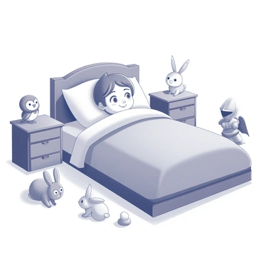 A child lying comfortably in bed, nestled under a cozy blanket. The child's eyes are wide with wonder as they listen intently to a bedtime story. Illustrated characters from the story are gathered around the bed, each character depicted with distinct features and expressions. The characters include a wise old owl perched on the bedside, a cheerful bunny hopping playfully at the foot of the bed, and a brave knight standing proudly by the nightstand. The room is softly lit, creating a warm atmosphere that enhances the child's imagination as the story unfolds.