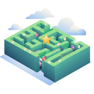 A large maze is depicted with high walls made of green hedges. The paths within the maze are clearly visible, lined with various numbers in bright colors. At the center of the maze, there is a prominent goal marked with a large, golden star. Shadows of the maze walls create intricate patterns on the ground. The sky above is a soft blue with a few fluffy white clouds.
