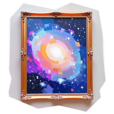 A framed artwork featuring an artistic interpretation of outer space. The composition displays swirling galaxies with vibrant colors, including deep blues, purples, and hints of pink. Countless bright stars are scattered throughout the scene, twinkling against the dark backdrop of the cosmos. The frame is ornate and complements the celestial theme, enhancing the overall presentation of this cosmic view.