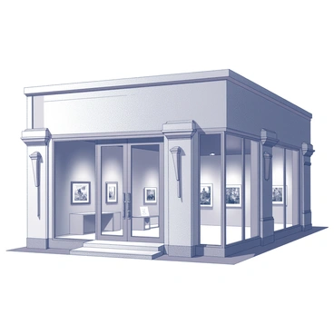 An elegant art gallery building with a modern architectural design. The facade features large glass windows that provide a clear view of the interior space. Inside, various artworks are displayed prominently behind the glass, showcasing their intricate details. The entrance boasts a grand doorway with a sleek design, and there are architectural accents that enhance the aesthetic appeal of the structure. The overall composition reflects a sophisticated atmosphere, inviting visitors to explore the art within.