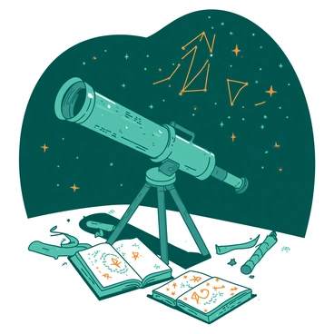 A teal telescope with intricate designs is positioned on a wooden tripod under a night sky filled with stars. The telescope's lens is pointed upward, revealing an array of constellations depicted in orange. Around the telescope, various symbols and cultural icons glow softly, suggesting the different cultural interpretations of the stars. The ground is scattered with open books and scrolls, showcasing diverse mythologies and stories related to the constellations. The overall scene invites a sense of exploration and curiosity about the connections between culture and the cosmos.