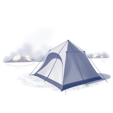 A temporary fire shelter made of lightweight, fire-resistant materials is positioned in an open area. The structure is triangular in shape, with sturdy poles holding up the canopy. Around the shelter, there is cleared ground, free of vegetation, and the site is marked with caution tape. In the background, a faint outline of smoke can be seen rising from distant flames, while the foreground remains clear and unobstructed, emphasizing the safety of the shelter.