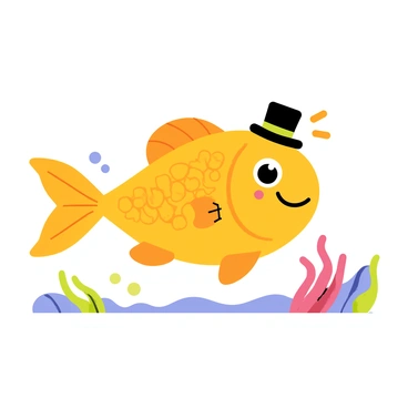 A cute fish with bright orange scales swims gracefully in the water. The fish is wearing a tiny black top hat perched jauntily on its head. Its wide eyes sparkle with joy, and a cheerful smile stretches across its face. Colorful coral reefs and small bubbles surround the fish, adding to the lively underwater scene.