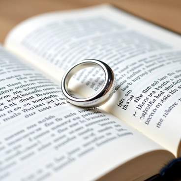A small silver ring, delicately polished, resting on an open Bible with elegantly printed pages. The Bible shows a gently illuminated passage, symbolizing faith and devotion. The ring is positioned near the center of the Bible, highlighting its significance as a baptism gift. Subtle reflections of light shimmer on the surface of the silver, enhancing its appearance against the textured, worn cover of the Bible.