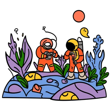 A group of astronauts in space suits with helmets is exploring a vibrant alien landscape. The planet features large, fantastical plants in various shades of purple, blue, and green. Some plants have bioluminescent elements that glow softly. The ground is covered with multicolored rocks and unusual formations. In the background, two moons of different sizes are visible in the sky, casting a surreal light over the scene. One astronaut is crouching down to examine a glowing flower, while another is taking notes on a device. The astronauts appear curious and engaged in their exploration of this alien environment.