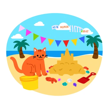 A sandy beach scene with a colorful blue sky and fluffy white clouds above. A cute orange tabby cat is sitting on its hind legs, focused on building a sandcastle. The sandcastle is decorated with seashells and small flags, showcasing vibrant colors. Nearby, a few beach toys such as a bright yellow bucket and a red shovel are scattered around. In the background, there are a few palm trees swaying gently in the breeze. A birthday banner floats above the scene, adorned with cheerful colors and fun designs.