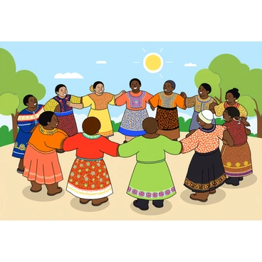 A large group of people from various cultures is gathered in a spacious area, forming a circle as they dance together. Each person is dressed in colorful traditional attire that represents their heritage, showcasing a vibrant mix of patterns and fabrics. Individuals are holding hands, laughing, and enjoying the rhythmic movements. Some dancers are wearing bright floral prints, while others don intricate embroidery and unique accessories. The sun is shining brightly above them, and their shadows can be seen on the ground. In the background, there are trees and a blue sky, complementing the lively atmosphere of the dance circle.