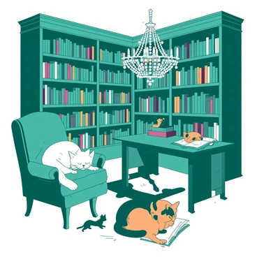 A teal Victorian library filled with tall wooden bookshelves lined with colorful books. Several cats of various breeds are spread throughout the library. A fluffy white Persian cat is perched on a velvet armchair, lazily napping with its eyes closed. Nearby, a playful orange tabby cat sits on the floor, engrossed in a large open book, pawing at the pages. A sleek black cat lounges on a wooden table, watching the other cats with curiosity. The grand chandelier hangs from the ceiling, illuminating the cozy scene.