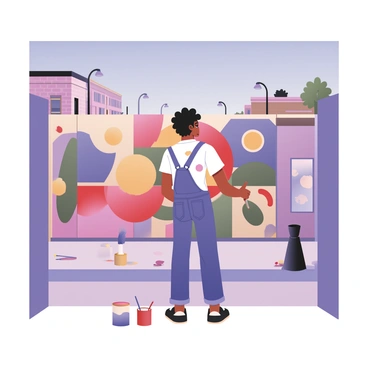 An artist is standing in front of a large wall, painting a vibrant mural. The artist has medium skin, short curly hair, and is wearing a white t-shirt with paint splatters, along with blue denim overalls and canvas shoes. The mural features bright colors, including reds, blues, yellows, and greens, depicting abstract shapes and floral designs. There are paint cans and brushes scattered on the ground beside the artist. In the background, elements of a Birmingham neighborhood can be seen, including brick buildings, streetlights, and trees. The sky above is clear and blue, creating a cheerful atmosphere for the scene.