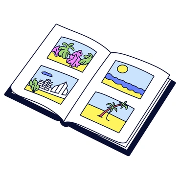A portfolio lies open on a flat surface. The pages are filled with sketches that feature various interpretations of CPF themes. One page showcases a detailed sketch of a lush jungle, with animals and tropical plants. Another page displays a vibrant cityscape, complete with iconic buildings and bustling streets. A third page contains a serene beach scene, with waves gently rolling onto the shore and palm trees swaying in the breeze. Each sketch has clear outlines and minimal shading, emphasizing the cartoonish style of the illustrations. The portfolio itself is bound in a simple black cover.