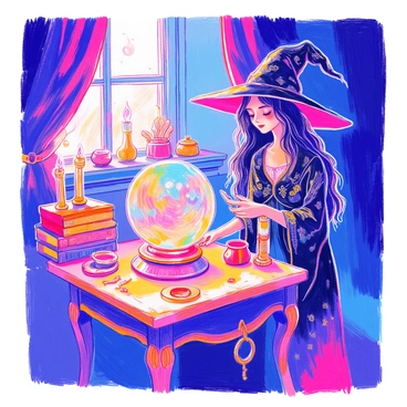 A witch with long black hair is standing in a dimly lit room. She is wearing a dark flowing robe adorned with silver patterns. Her eyes are intently focused on a large crystal ball resting on an ornate wooden table. The crystal ball glows softly, revealing swirling images and colors within it. Surrounding the table are various mystical items, including candles, a small cauldron, and a stack of ancient books. Shadows dance along the walls, creating an air of mystery.