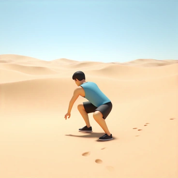 A person, wearing a blue tank top and black shorts, is performing squats in a vast desert landscape. The individual is focused, with their knees bent and arms extended in front for balance. Surrounding them are tall, rolling sand dunes that stretch far into the horizon, illuminated by bright sunlight. The sky above is clear and blue, enhancing the warm, sandy tones of the landscape. The person's feet are planted firmly in the soft sand, creating small footprints that trail behind.