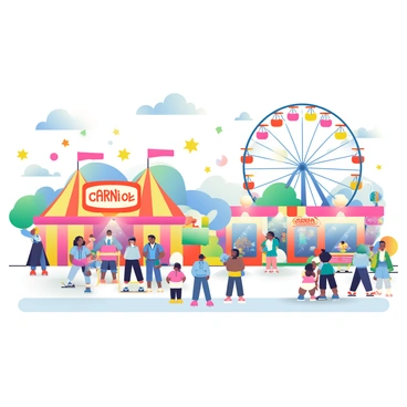 A lively carnival scene is filled with colorful tents and vibrant decorations. Various booths are set up with bright banners and cheerful lights. People are enjoying themselves, with children laughing and playing games. Colorful "star spren" float in the air, casting a magical glow over the festivities. A large Ferris wheel with multicolored lights is in the background, slowly rotating as riders enjoy the view. Balloons in a variety of colors are scattered throughout the carnival, adding to the joyful ambiance.