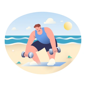 A person with light skin and short brown hair is performing a dumbbell row exercise on a sandy beach. They are wearing a sleeveless blue athletic top and black shorts. In each hand, they are holding a pair of shiny silver dumbbells. The ocean waves are gently lapping at the shore behind them, and there is a clear blue sky overhead. A few scattered seashells and small rocks can be seen in the sand around the person. The sun is shining brightly, casting a warm glow on the scene.