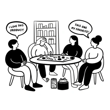 A family sitting around a table, engaged in a board game. The table is covered with various game pieces and a game board displaying colorful elements. Each family member has a speech bubble above them, containing the words "I love this product!" and "This one is my favorite!" Several product boxes are scattered on the table, showcasing their favorite items. A cozy living room setting with a bookshelf in the background adds to the atmosphere.