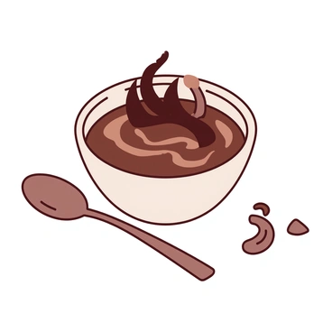 A rich, creamy chocolate-flavored crème brûlée sits elegantly in a white ramekin. The surface of the crème brûlée is perfectly caramelized, forming a glossy, brittle layer that glistens under the light. On top of this delicate crust, there are dark chocolate curls artfully arranged, adding a touch of sophistication. The custard beneath appears smooth and velvety, showcasing its deep chocolate color. Beside the ramekin, a small silver spoon rests, inviting a taste of the decadent dessert.