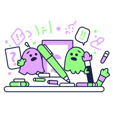 A cartoon-style illustration featuring various illustrator tools. In the center, a green pen and a purple brush are positioned closely together, appearing to engage in conversation. The pen has a sleek design with a pointed tip, while the brush has bristles that are slightly splayed. They both have expressive faces, showcasing concern over a piece of artwork displayed in the background. Surrounding them are scattered pieces of digital art, with symbols representing printing errors floating nearby, such as exclamation marks and question marks. The setting suggests a creative workspace filled with sketches and tools.