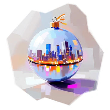 A round Christmas ball featuring a detailed city skyline wrapped in a vibrant blue and purple hue. The skyline includes a variety of building silhouettes, such as skyscrapers and smaller structures. Twinkling holiday lights in warm yellow and white hues are strung across the buildings, illuminating them against the night sky. The ball is adorned with a shiny gold ribbon at the top, adding an elegant touch to the festive decoration. The background includes a soft gradient, enhancing the focus on the beautifully painted ball.