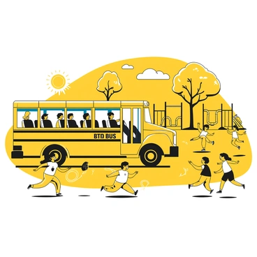 The interior of a school bus is visible, with seats arranged in rows and a view through the large front windshield. Outside, several children are playing in a schoolyard. A group of children is running and laughing while playing tag. Some children are jumping rope on the side, and a couple of others are drawing with chalk on the pavement. A colorful playground with swings and slides can be seen further in the background. The bright sun shines down on the scene, enhancing the joyful atmosphere.