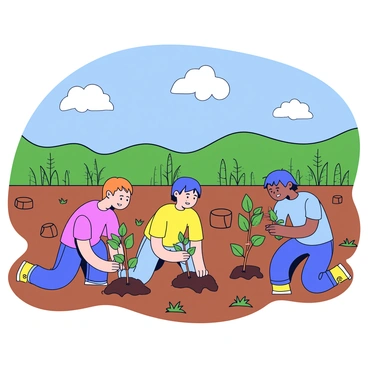 A group of volunteers is planting young trees in a clear-cut forest area. The volunteers are wearing colorful t-shirts and jeans while carrying small saplings. Each volunteer is kneeling down to dig holes in the rich brown soil. Surrounding them are stumps of larger trees that have been cut down, and patches of grass peeking through the bare earth. In the background, there are distant hills covered with greenery. The sky above is bright blue with a few fluffy white clouds.