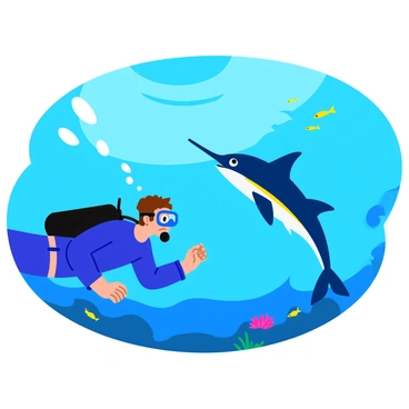 A diver in a blue wetsuit is underwater, looking in awe at a sleek sailfish swimming gracefully nearby. The diver has bubbles rising from their mouthpiece, creating a trail in the clear ocean waters. Light filters down from the water's surface, illuminating the vibrant coral reefs below. The sailfish has a long, slender body with a large dorsal fin and colorful patterns on its scales. Schools of small, shimmering fish dart around the scene, adding movement to the tranquil underwater environment.