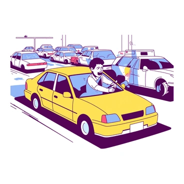 A yellow car is in the foreground, with a driver looking frustrated and honking the horn. The driver has their hands on the steering wheel, and their expression shows annoyance. In front of the yellow car, there are several cars lined up in a dense traffic jam, their brake lights glowing red. The street is congested, with a few pedestrians visible on the sidewalks. The sky above is a light shade, contrasting with the vibrant colors of the cars.