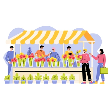 A flower market stall filled with assorted bouquets in various colors and sizes. The stall has a wooden structure with a bright striped awning overhead. Vibrant flowers like red roses, yellow tulips, and purple lilacs are arranged neatly in glass vases. Several small potted plants are placed at the front of the stall, showcasing green leaves and colorful blooms. People are seen browsing, some holding shopping bags, while others are selecting their favorite flowers. The background features a sunny day with clear blue skies.